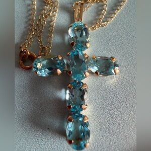 Solid 10K Gold Blue Topaz Cross Pendant Necklace Vintage Religious Statement NEW
